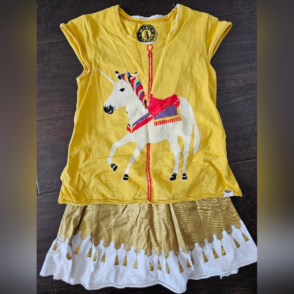 Mini Shatsu Gold Foil Print Unicorn Dress, Girls Size 6